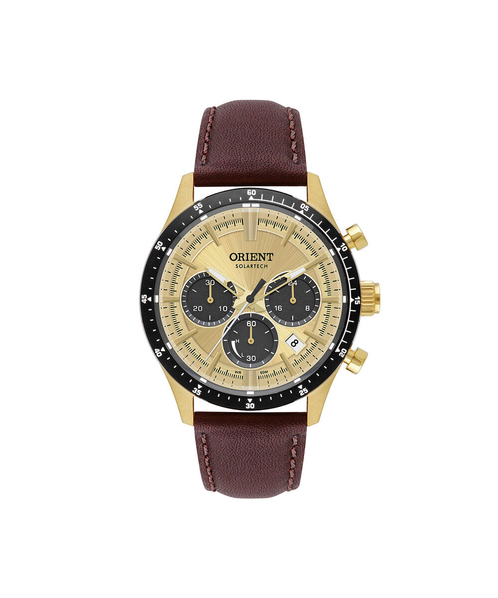 relógio masculino orient solartech cronógrafo mgscc011 c1nx dourado