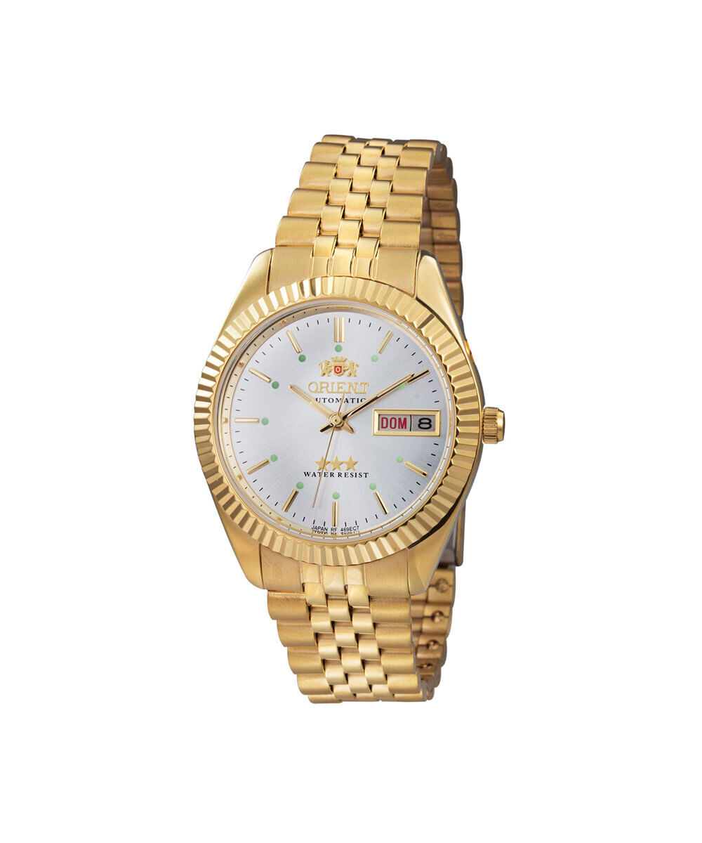relógio masculino orient analógico calendário 469ec7nh b1kx dourado