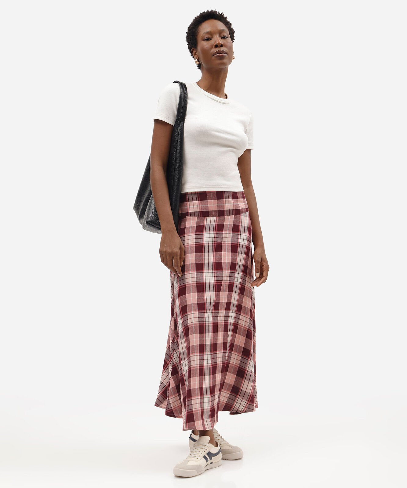 saia midi feminina de viscose com recorte xadrez colorida
