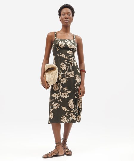 vestido midi feminino de viscose decote quadrado com fenda floral verde PP