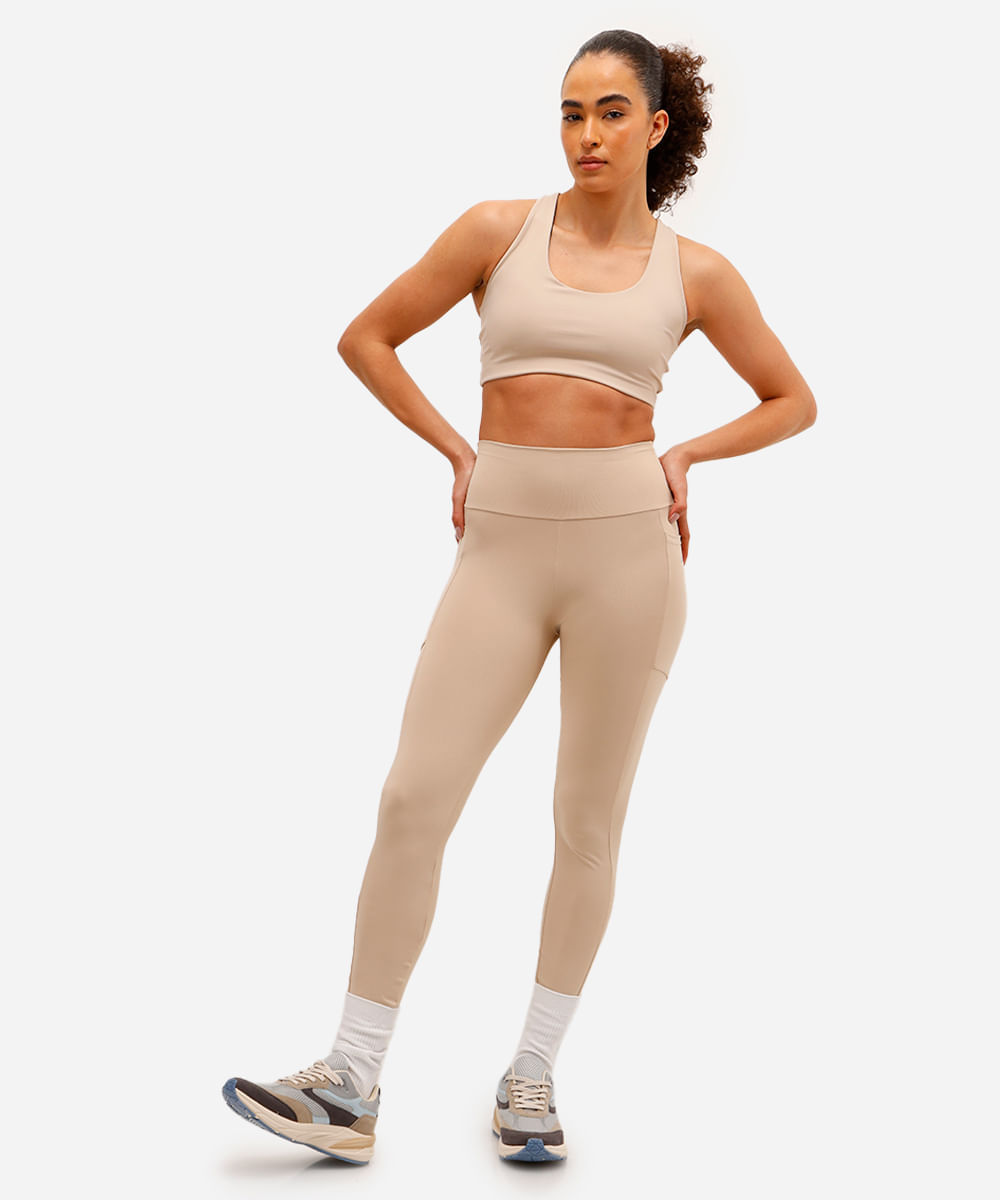 calça legging cintura alta com bolso esportiva bege