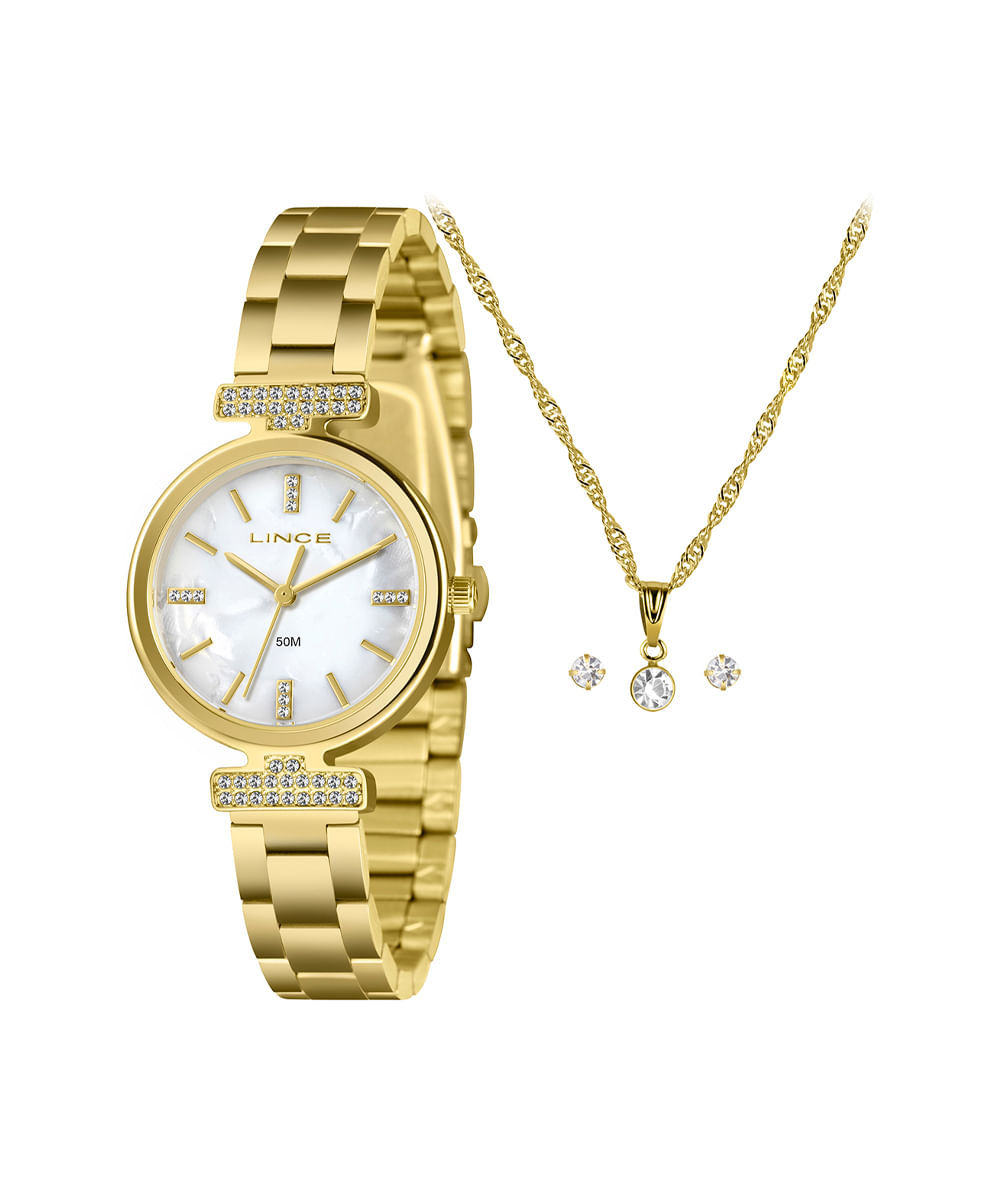 kit relógio feminino lince analógico lrgh259l30 kaheb1kx dourado