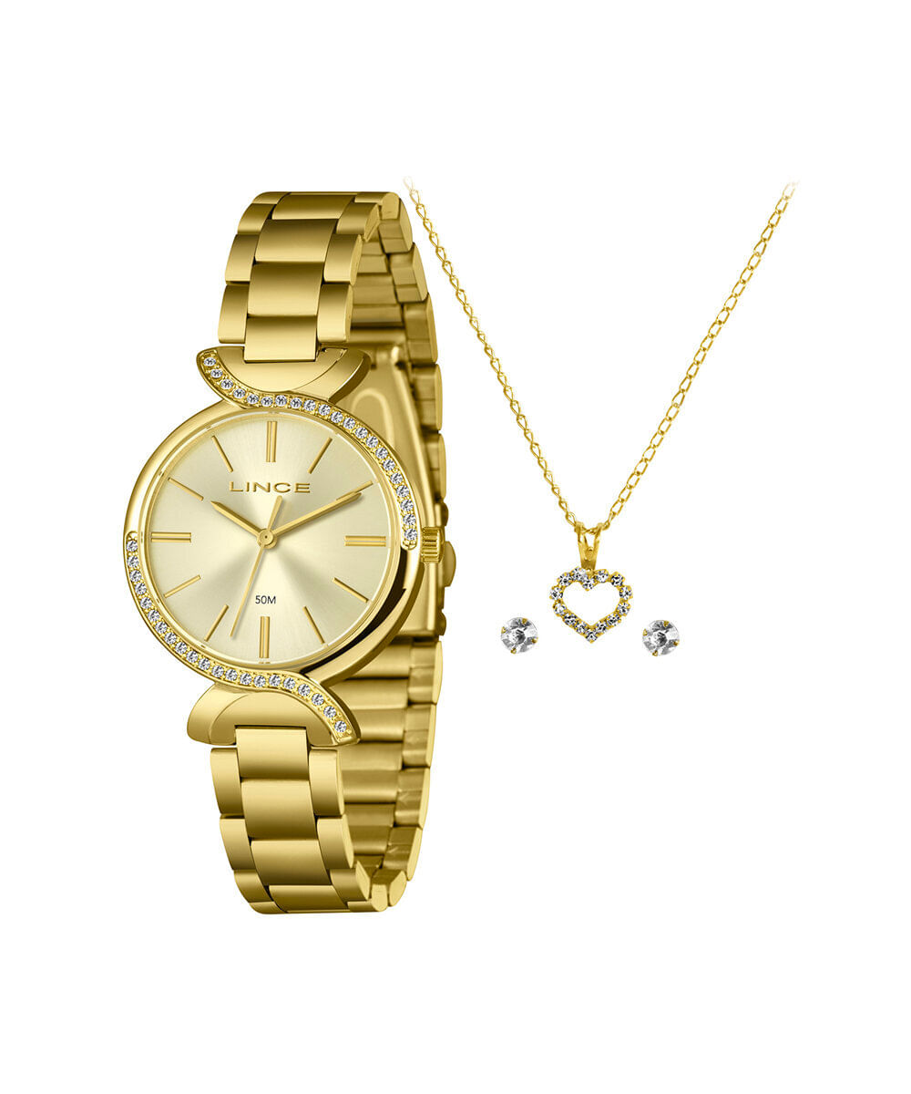 kit relógio feminino lince analógico lrgh258l33 kaf2c1kx dourado