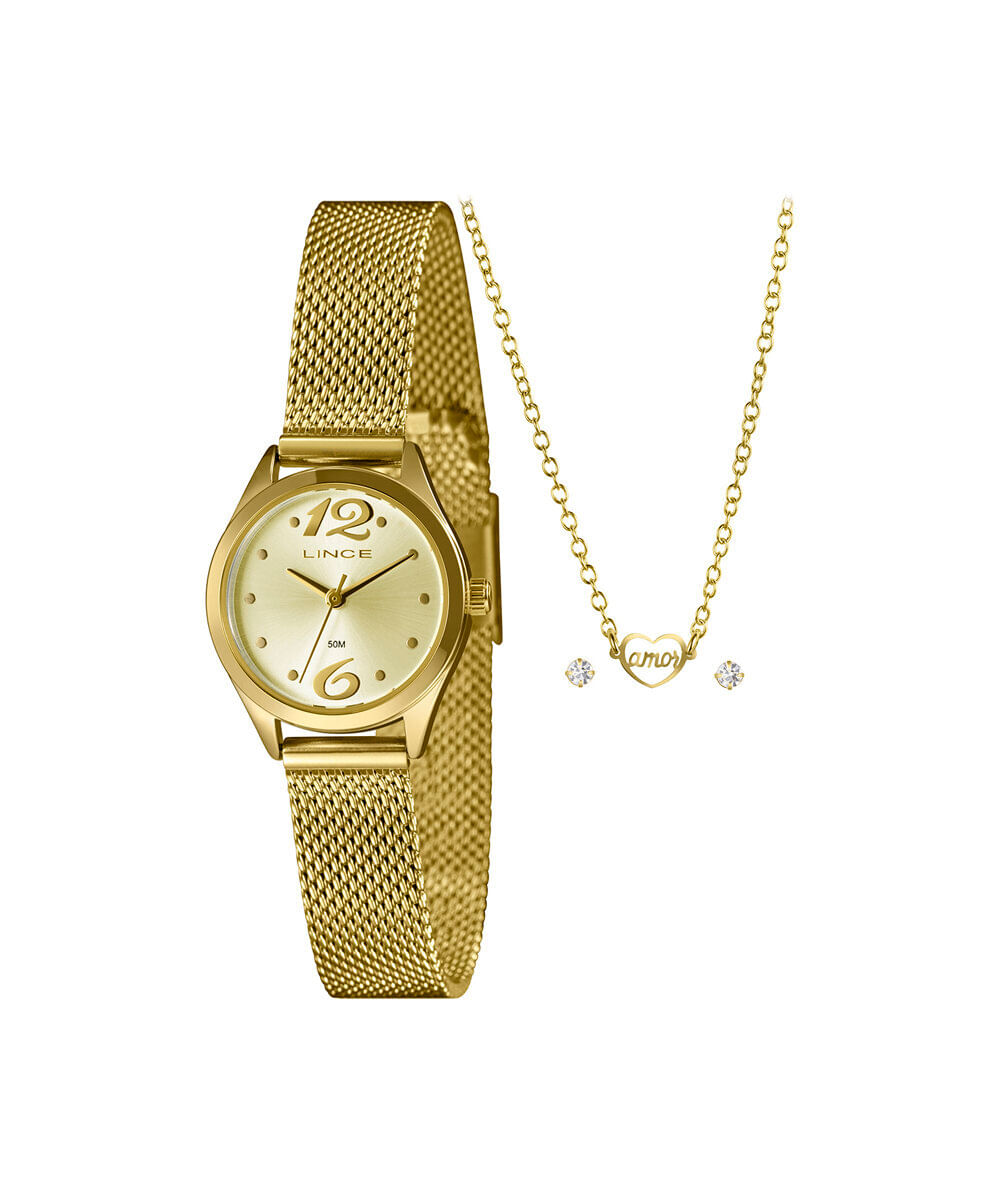 kit relógio feminino lince analógico lrgh005l25 kaftc2kx dourado
