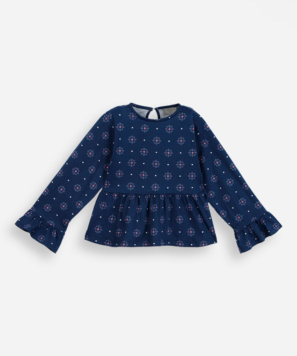 bata infantil de algodão manga longa com recorte floral azul