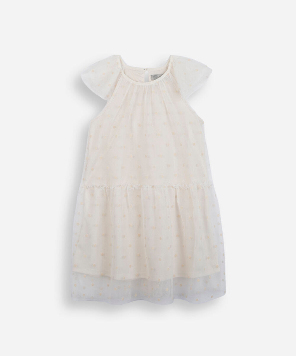 vestido infantil de tule com recorte poá off white
