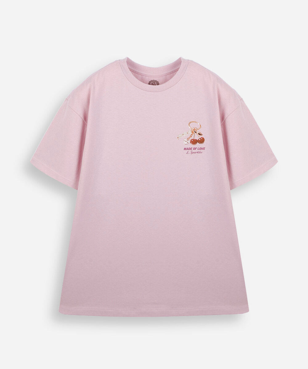 camiseta juvenil de algodão manga curta estampada rosa