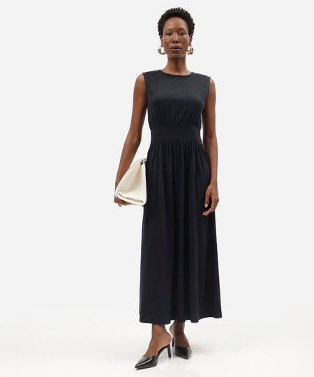 vestido midi feminino de algodão com recorte franzido preto PP