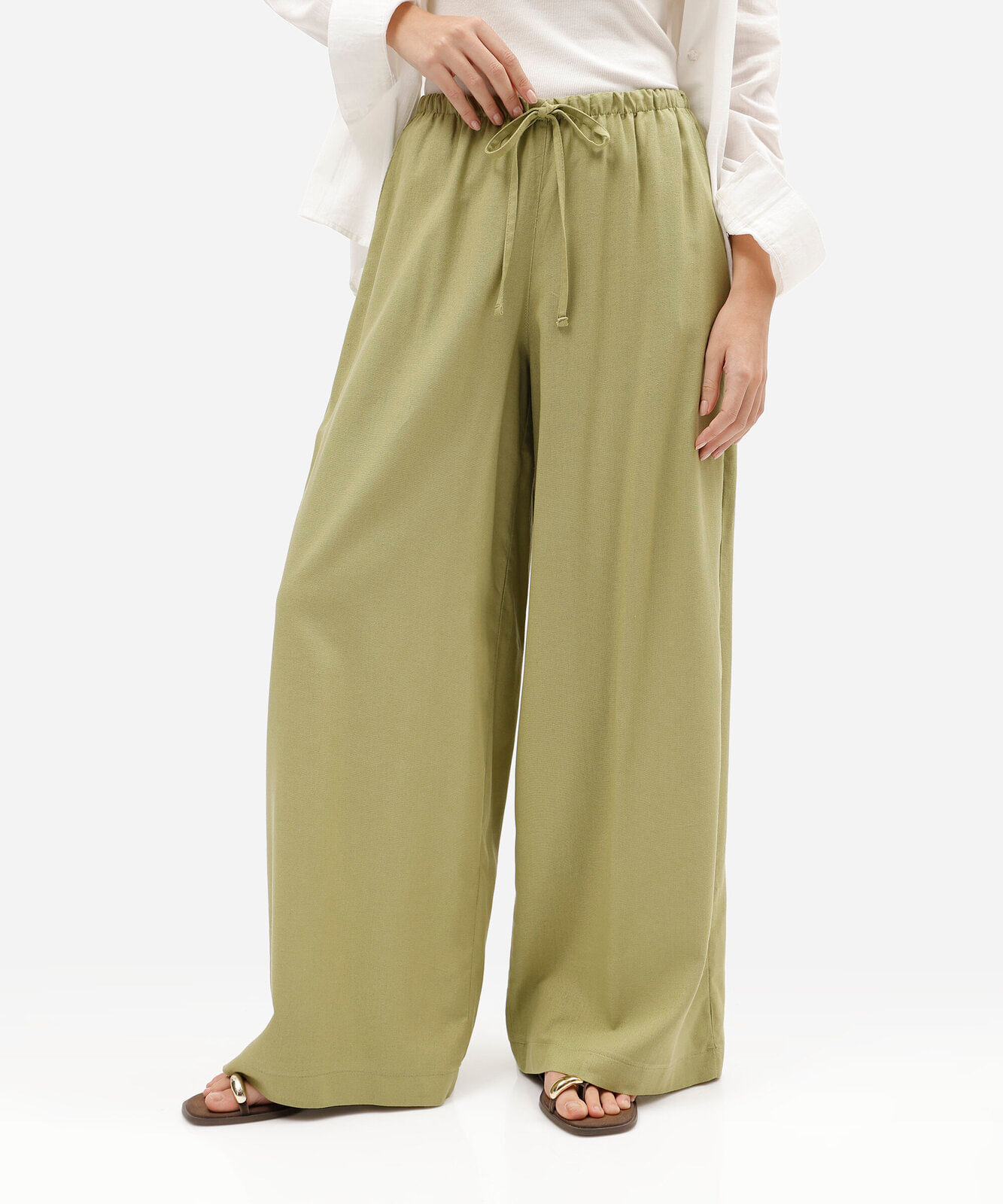 calça estilo pijama wide leg feminina com linho verde