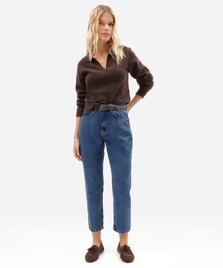 calça mom feminina jeans cintura alta azul 34