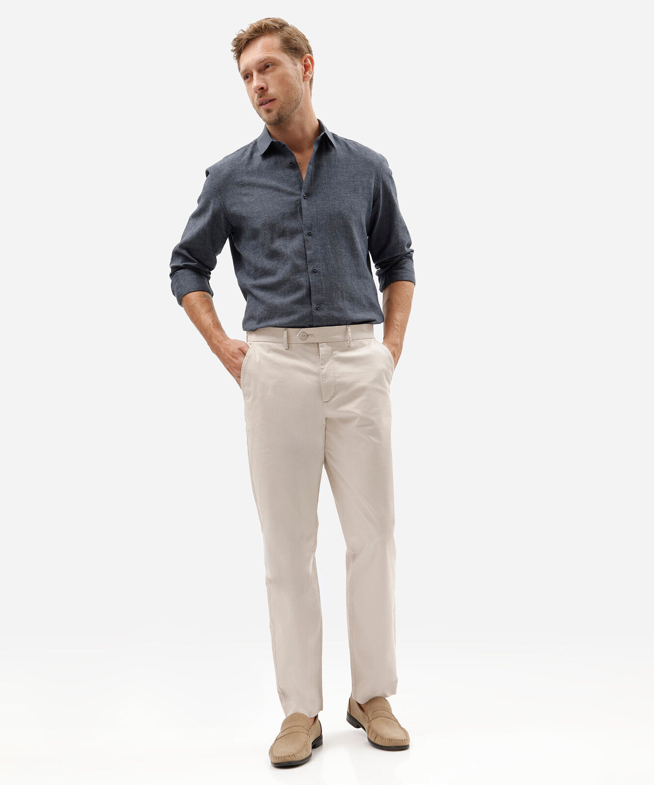 calça reta chino masculina de sarja bege