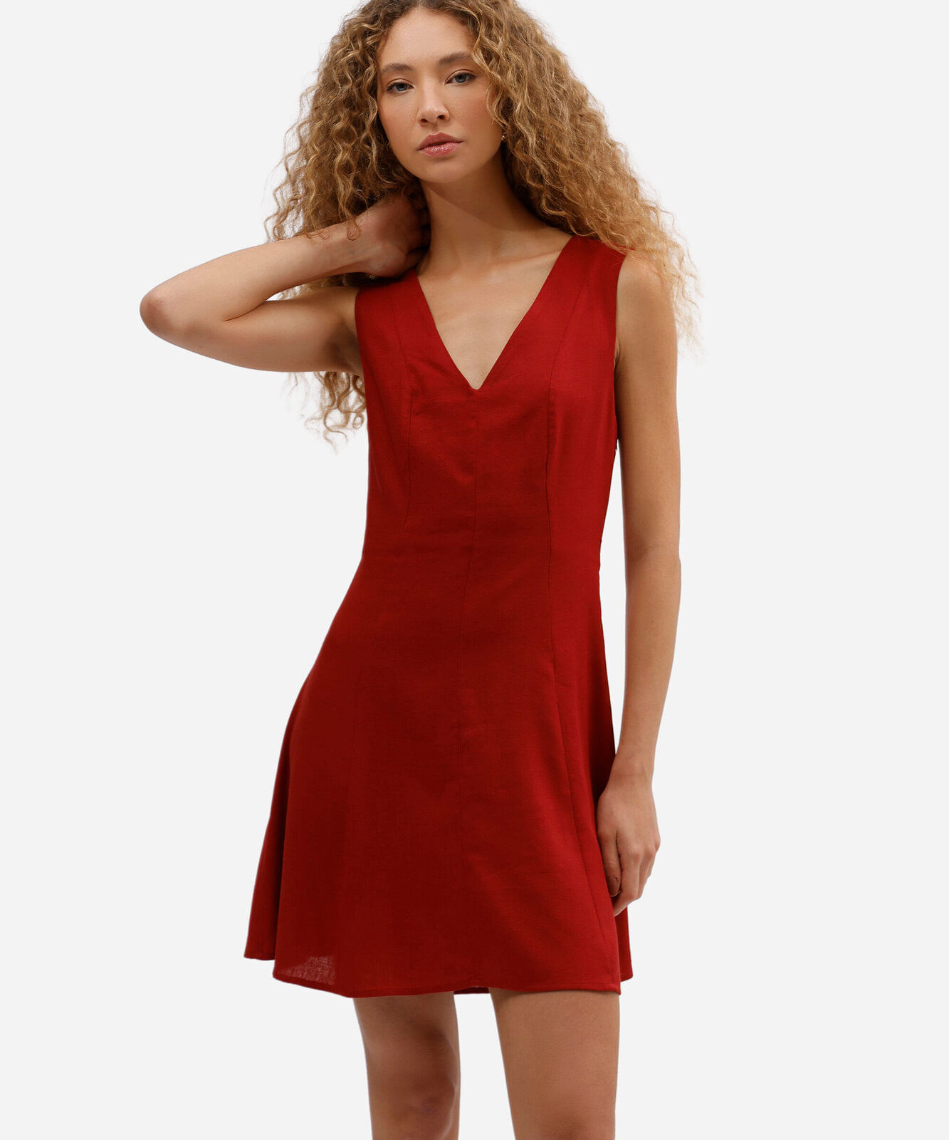vestido curto feminino com linho decote v vermelho
