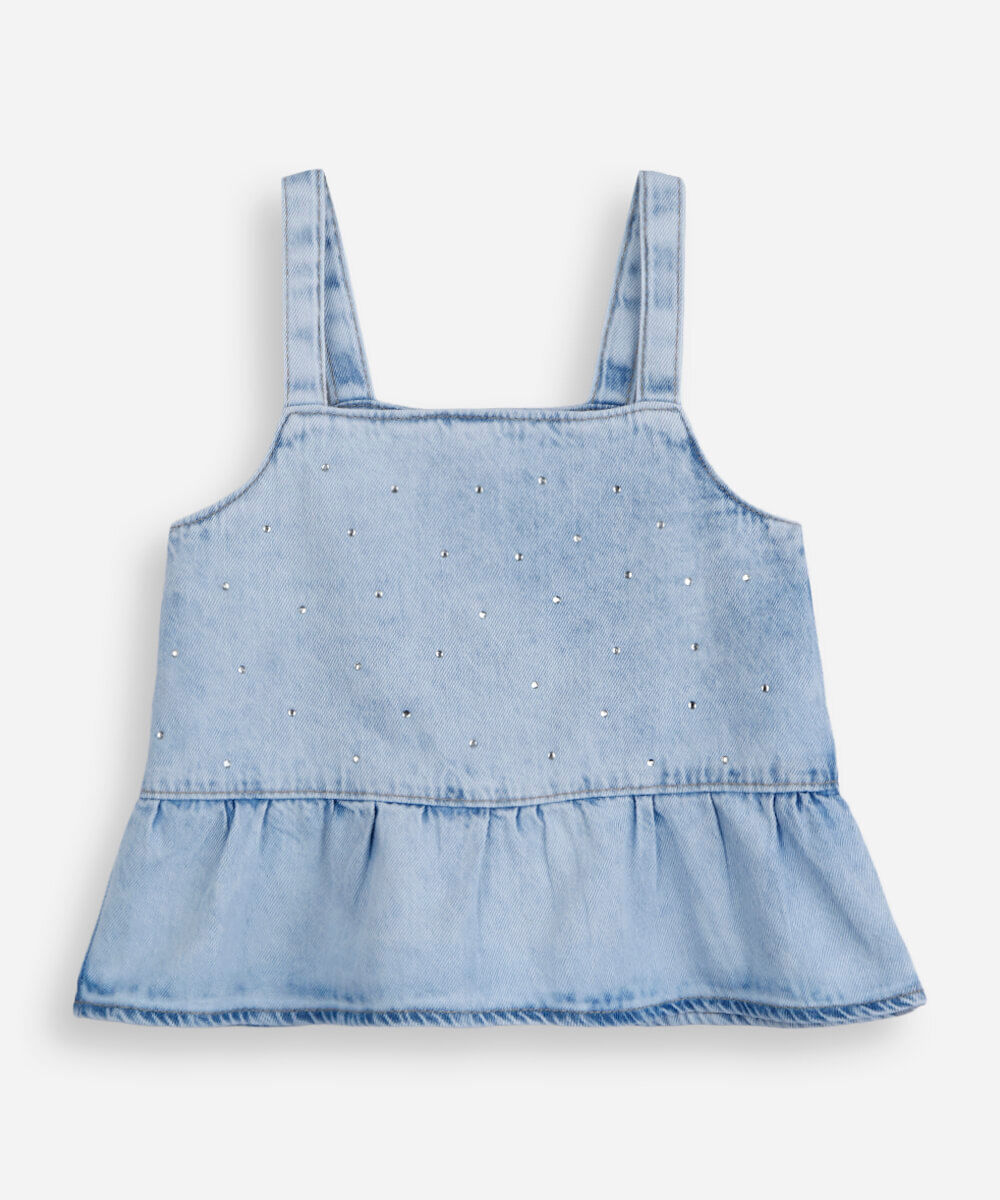 blusa infantil peplum jeans com brilho azul