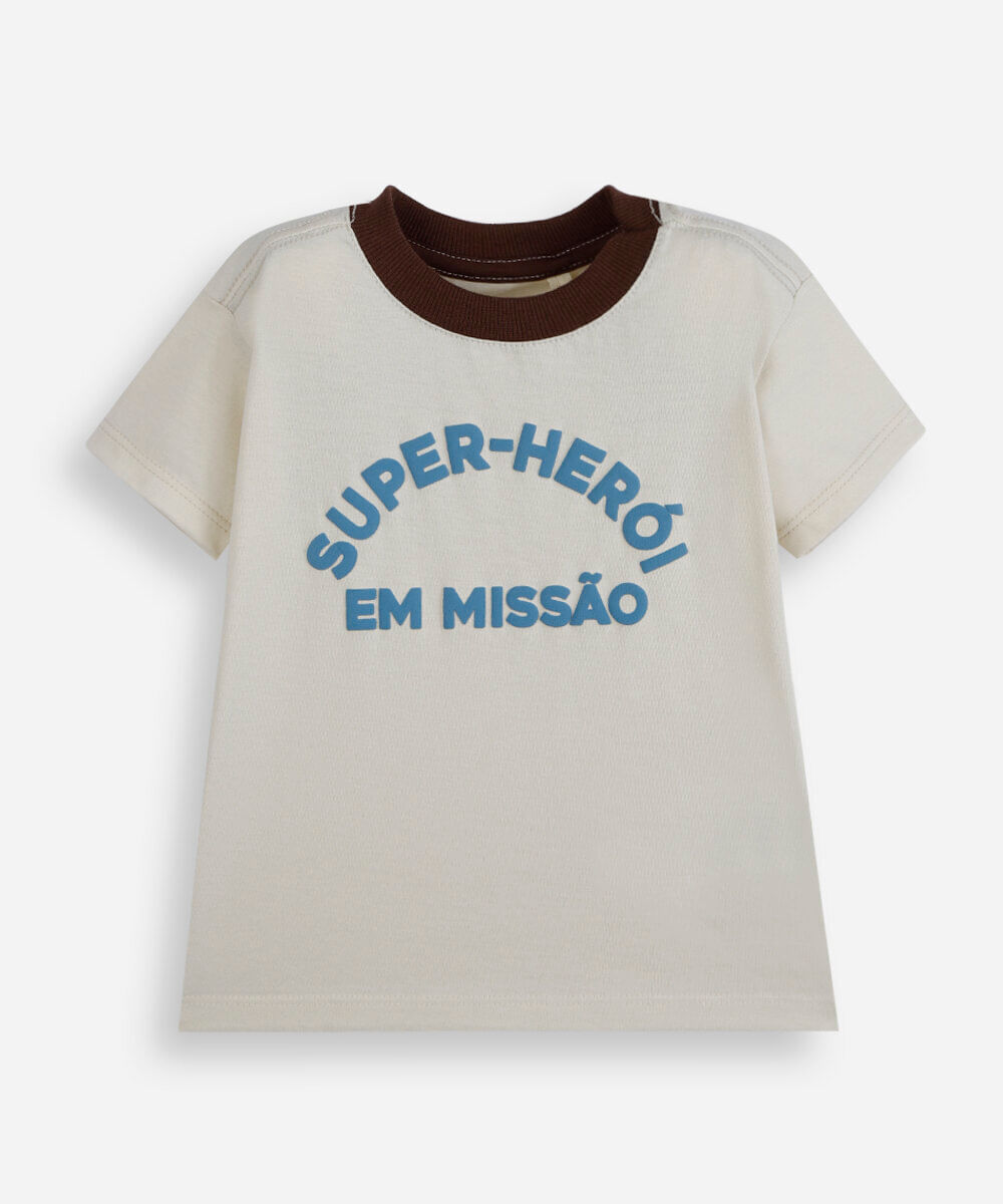 camiseta infantil de algodão super-heroi bege
