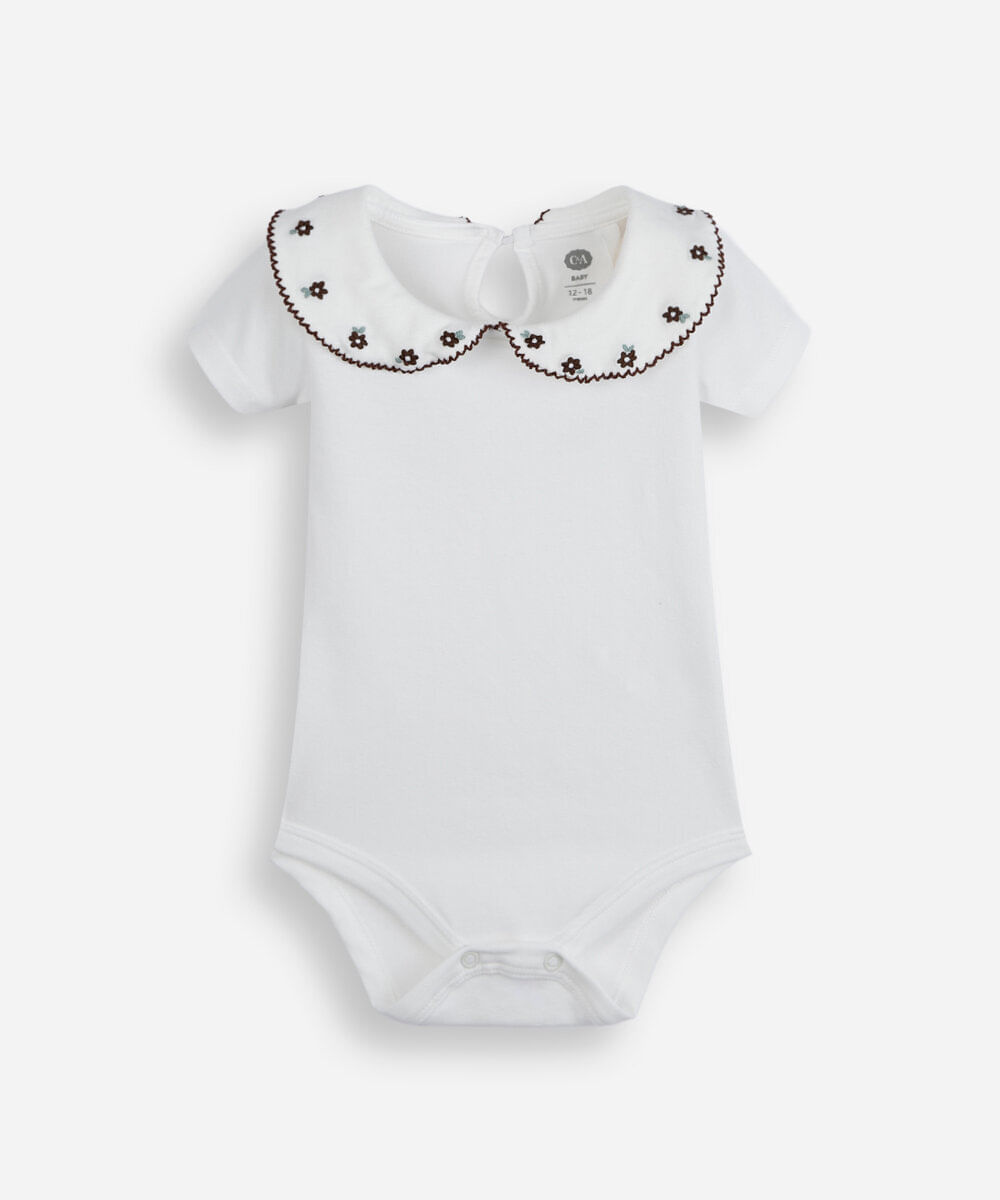 body infantil em malha com gola boneca bordado off white
