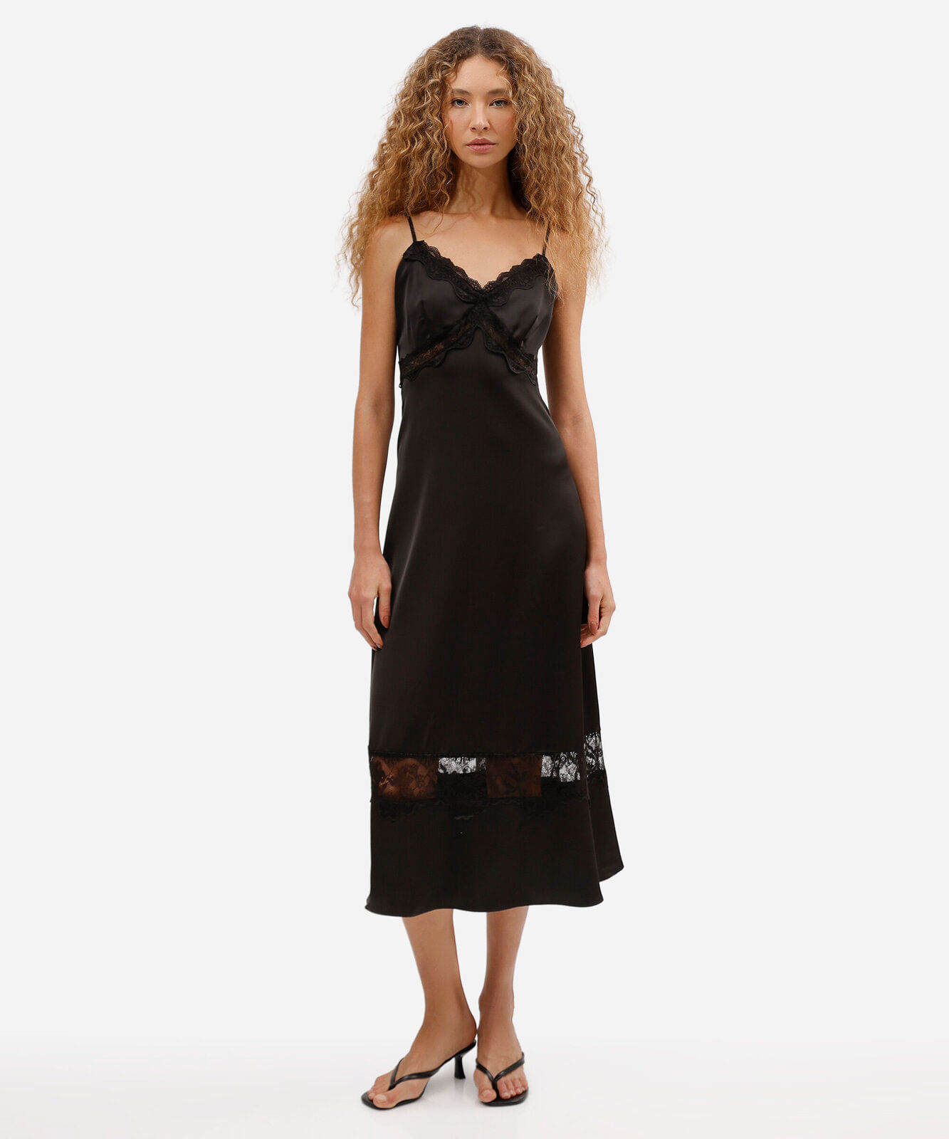 vestido slip dress feminino com renda acetinado preto