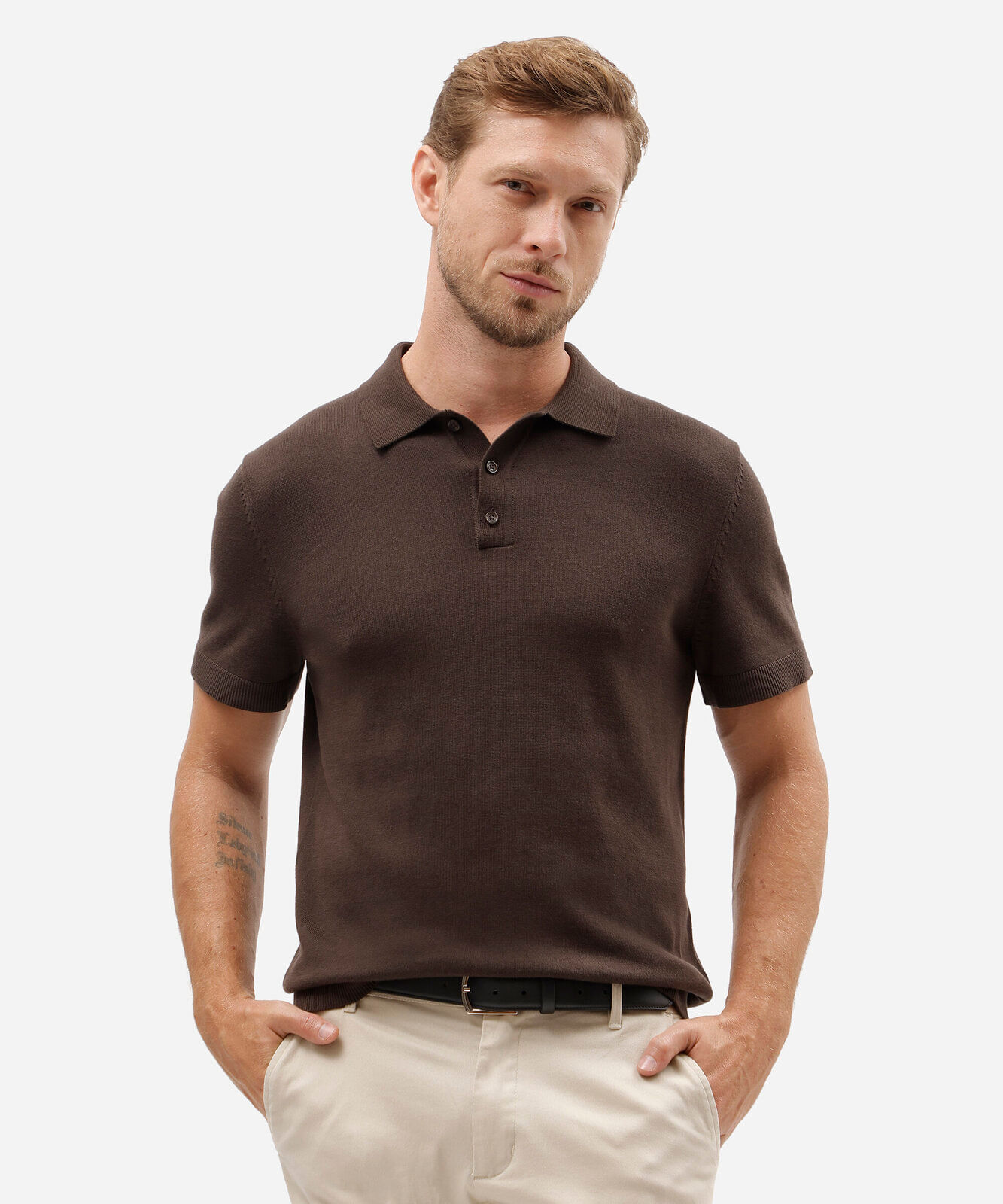 polo masculina de tricot manga curta marrom