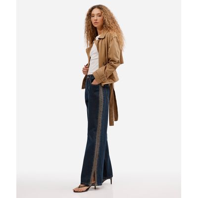 calça wide leg feminina jeans com recorte e fenda cintura alta sawary azul