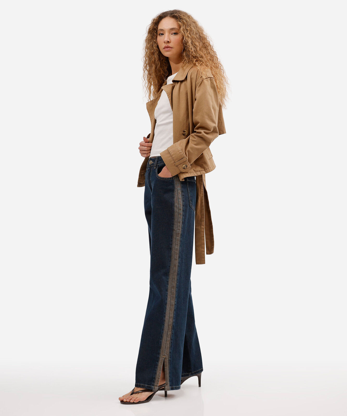 calça wide leg feminina jeans com recorte e fenda cintura alta sawary azul
