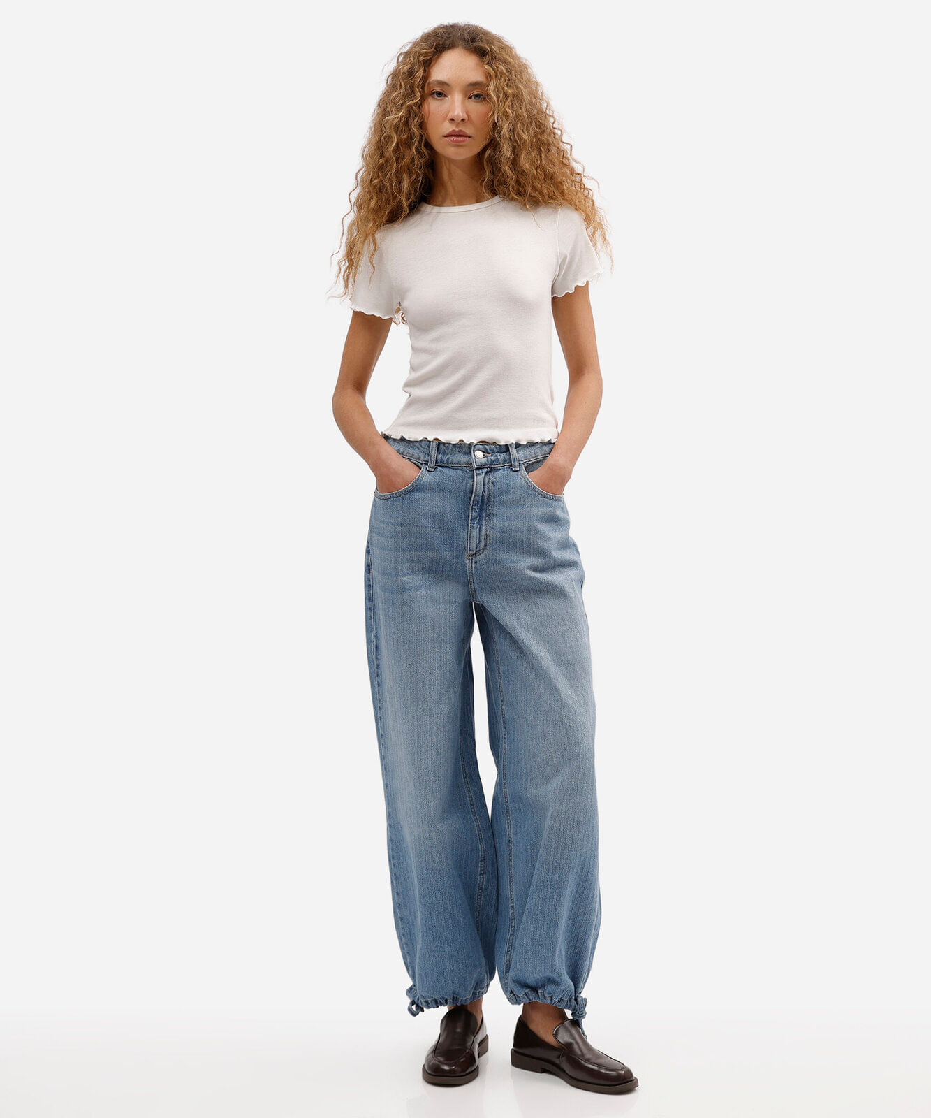 calça balloon feminina jeans com barra ajustável azul