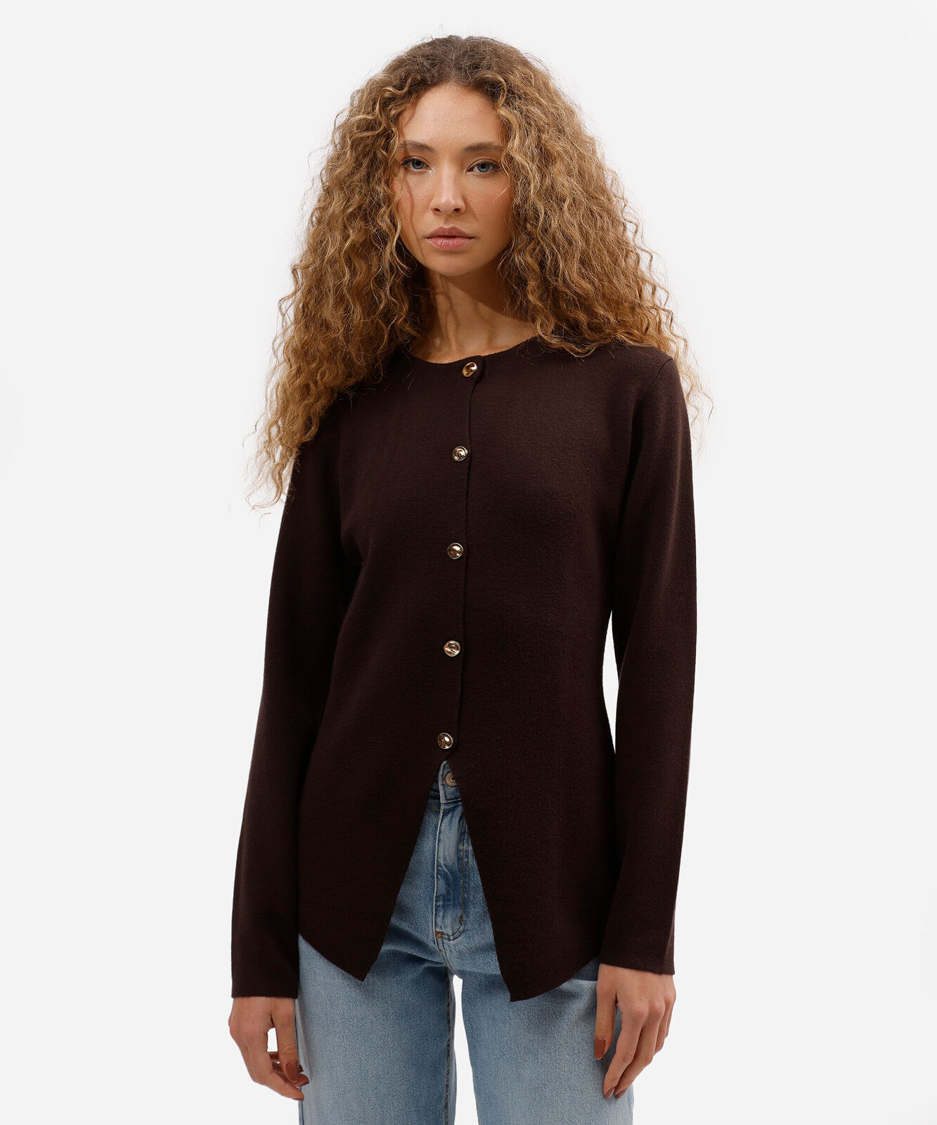 cardigan feminino de tricot assimétrico marrom