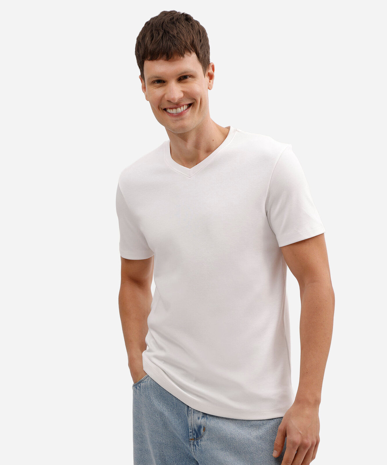 camiseta básica masculina de algodão peruano bold gola v branca