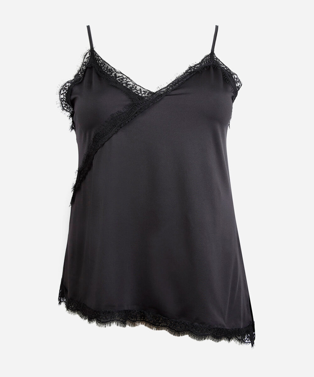 top de alça fina plus size assimétrico com renda preta