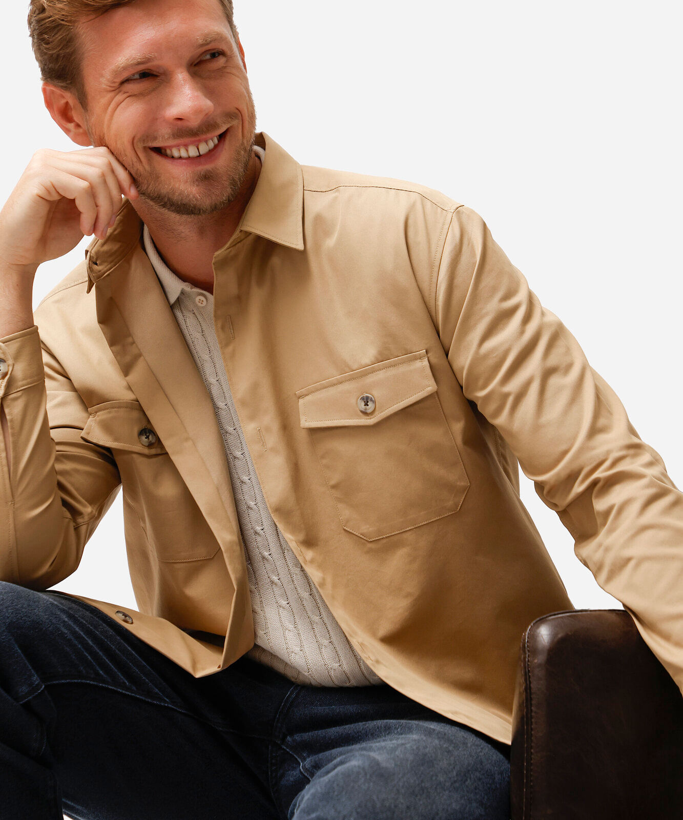 jaqueta de sarja masculina comfort com bolsos frontais bege