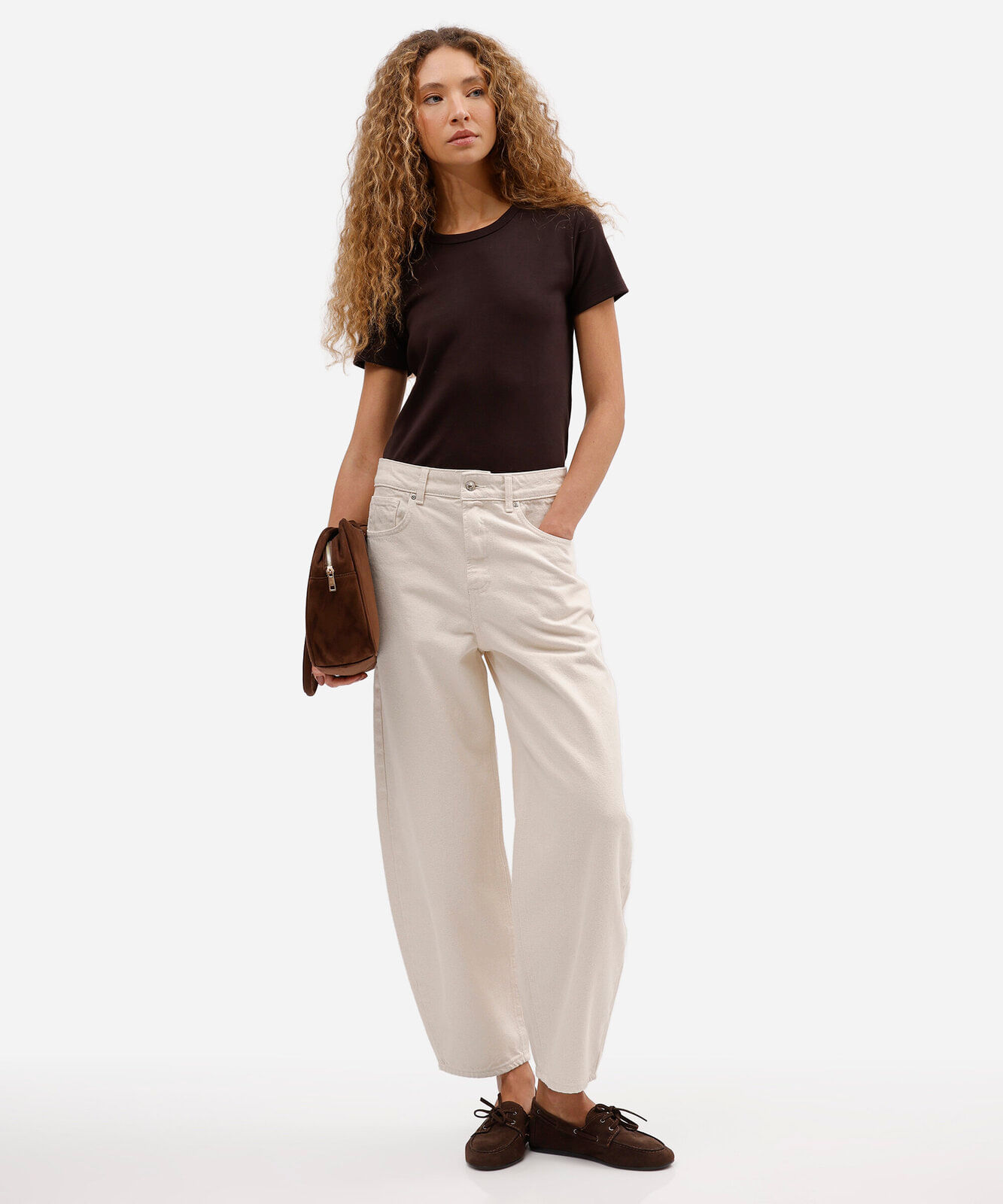 calça de sarja balloon feminina com cintura alta bege