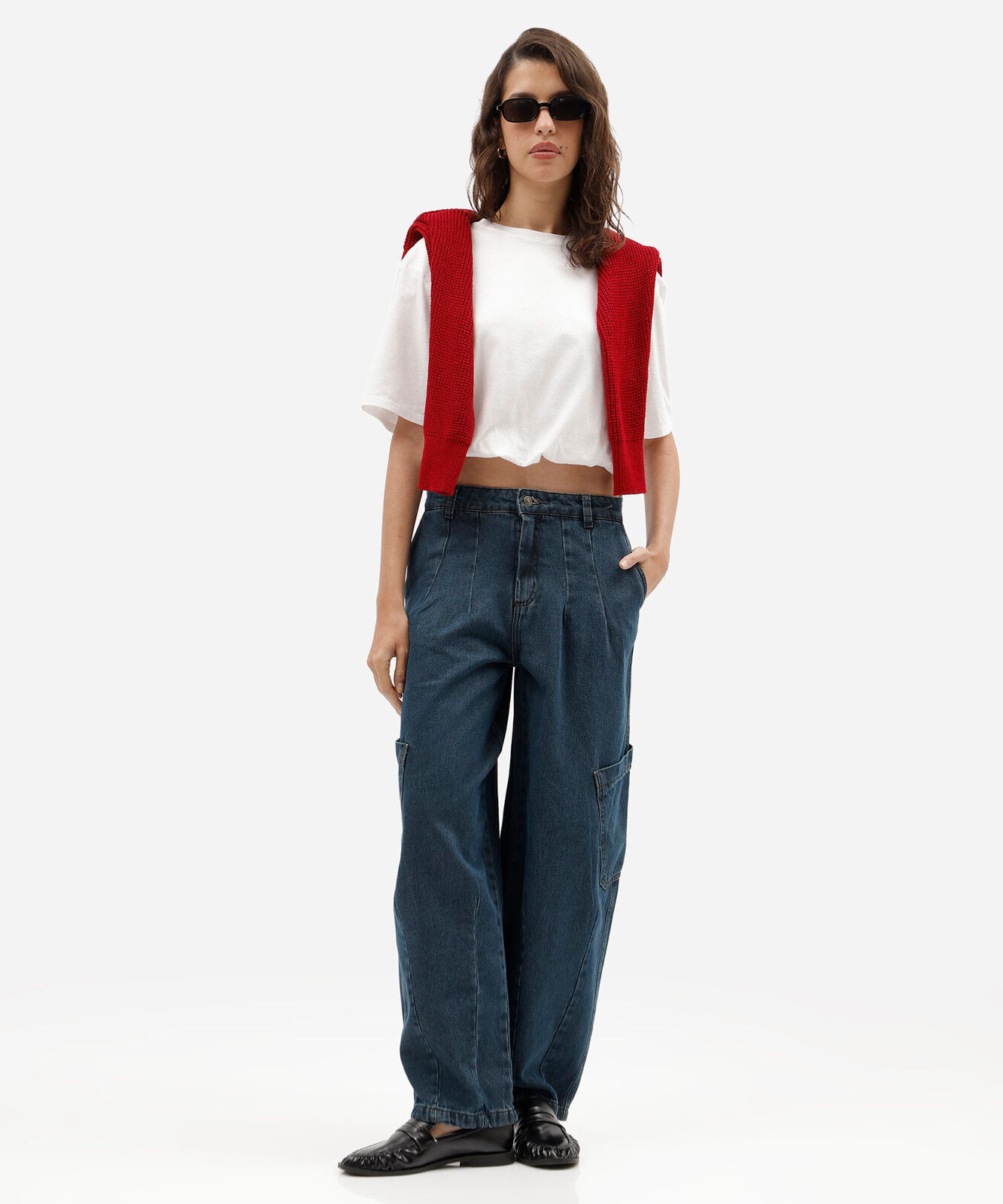 calça baggy cargo feminina jeans cintura média azul