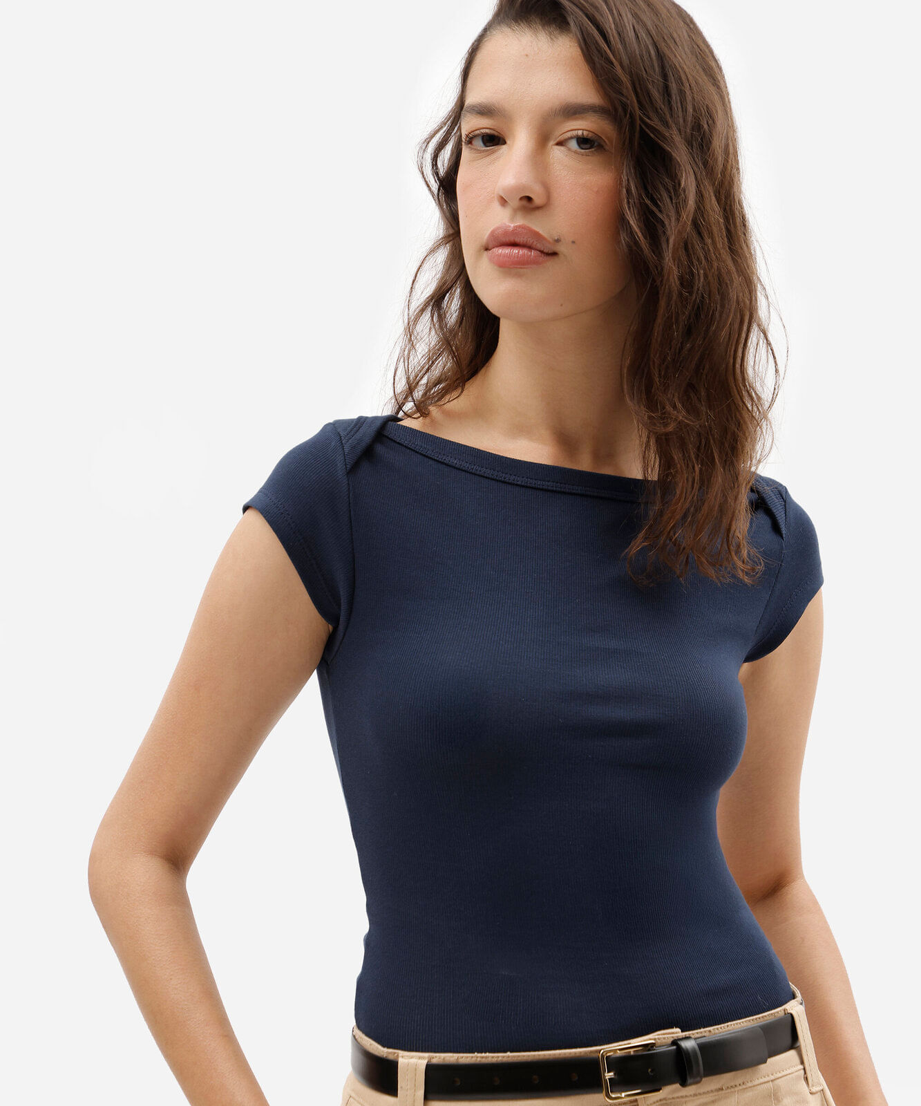 blusa feminina decote canoa manga curta azul