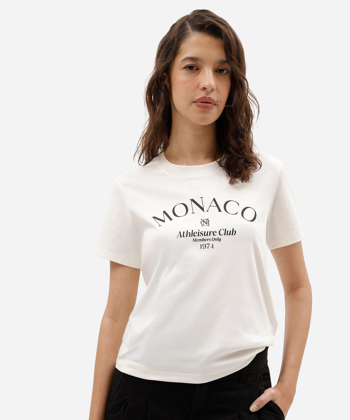 camiseta feminina de algodão peruano manga curta estampada off white