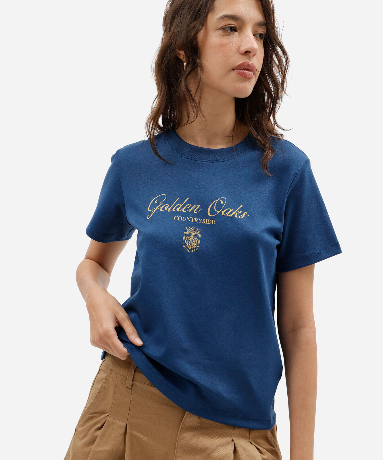 camiseta feminina de algodão peruano manga curta estampada azul