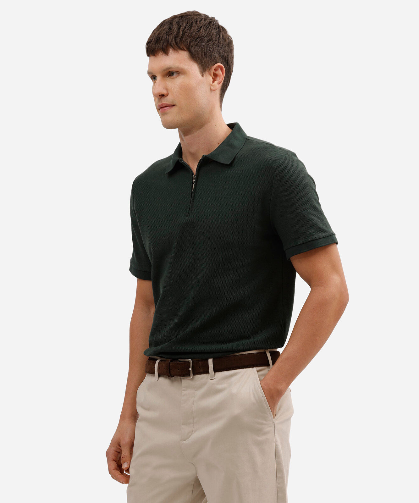polo em piquet com zíper manga curta verde escuro
