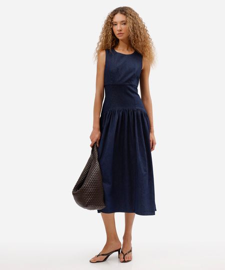 vestido midi feminino jeans com recorte azul P