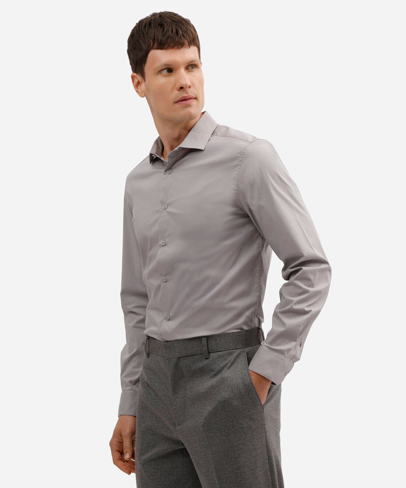 camisa slim fit de algodão manga longa cinza