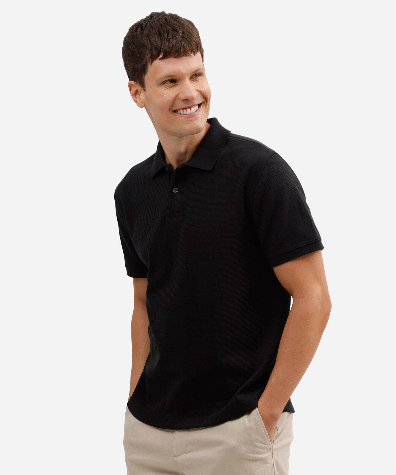 camisa polo slim masculina em malha texturizada preta