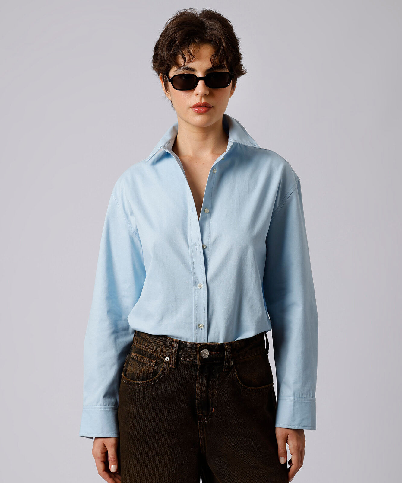 camisa feminina de algodão manga longa mindset azul