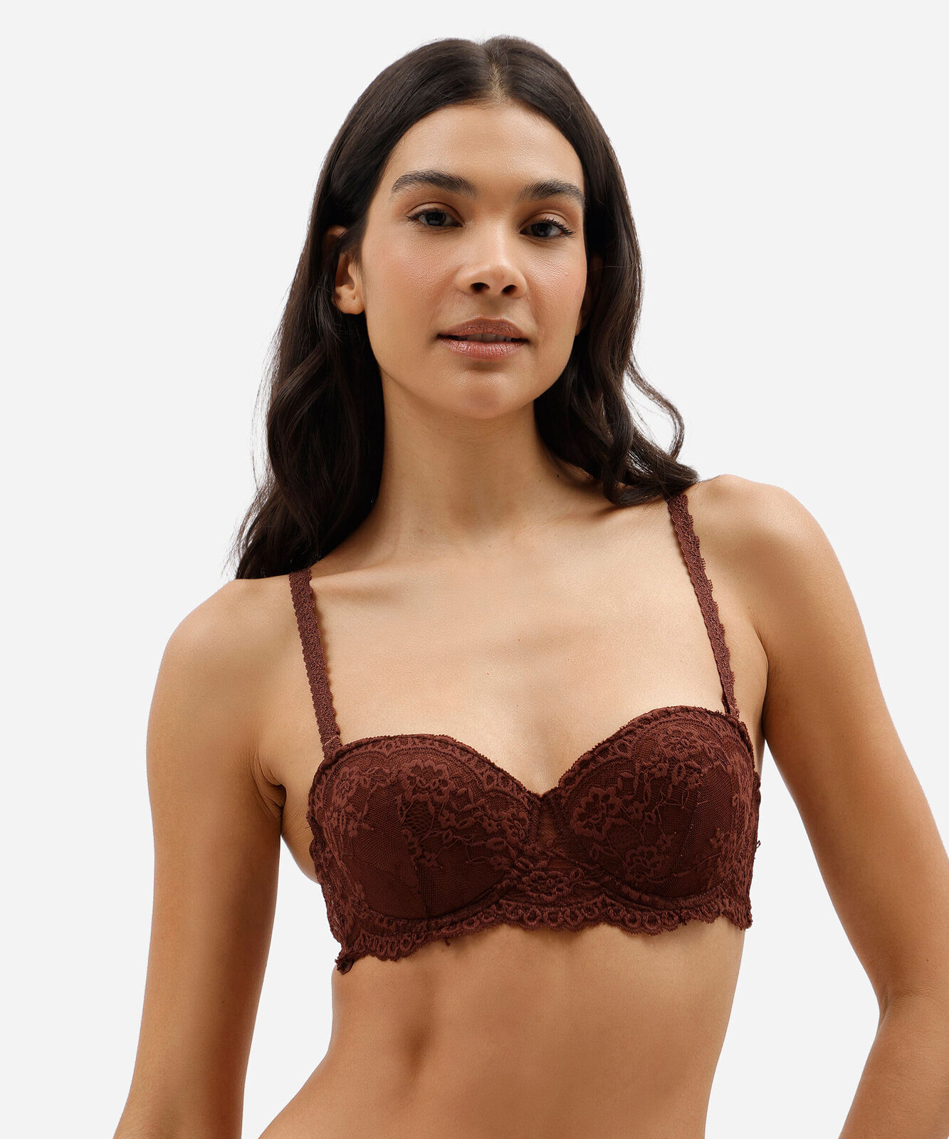 sutiã feminino de renda com alças removíveis marrom