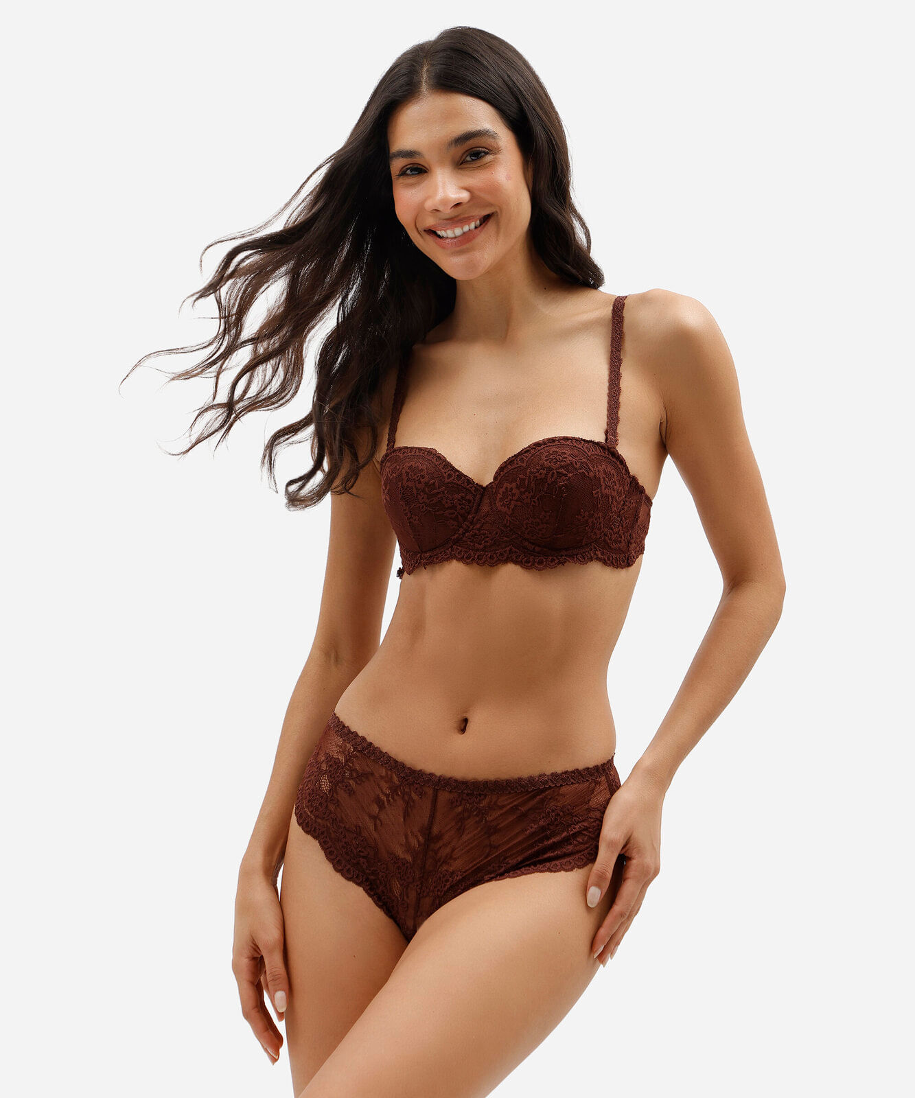 calcinha caleçon feminina de renda floral marrom