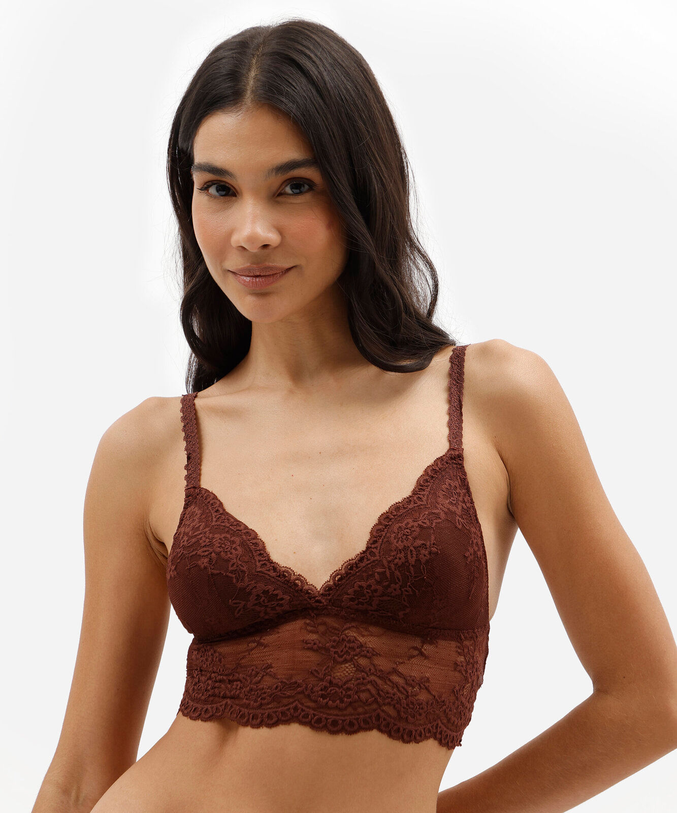 sutiã triângulo feminino de renda com bojo removível floral marrom