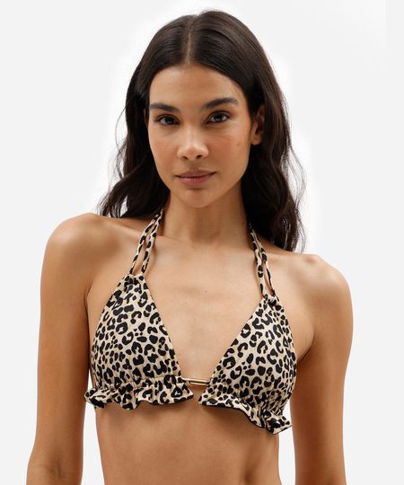 biquíni top cortininha feminino com babado animal print bege P