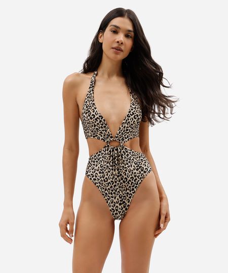 maiô feminino decote v com recorte animal print bege M