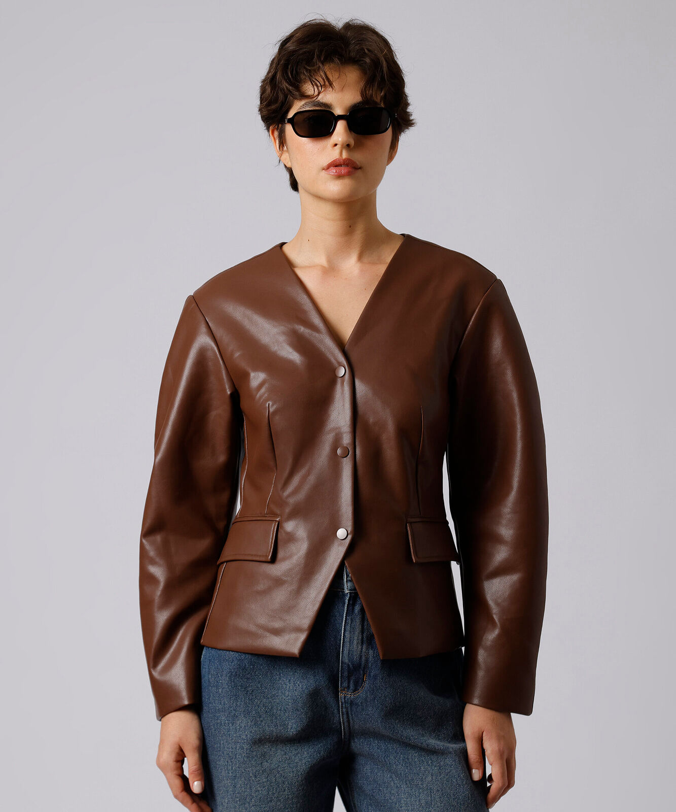blazer acinturado feminino de pu manga bufante mindset marrom
