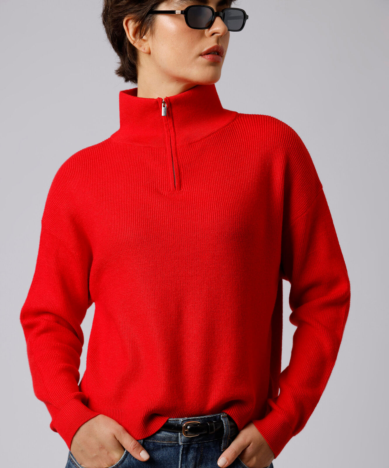 suéter de tricô gola alta com zíper mindset vermelho