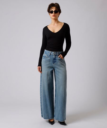 calça wide leg chicago feminina jeans mindset azul 36