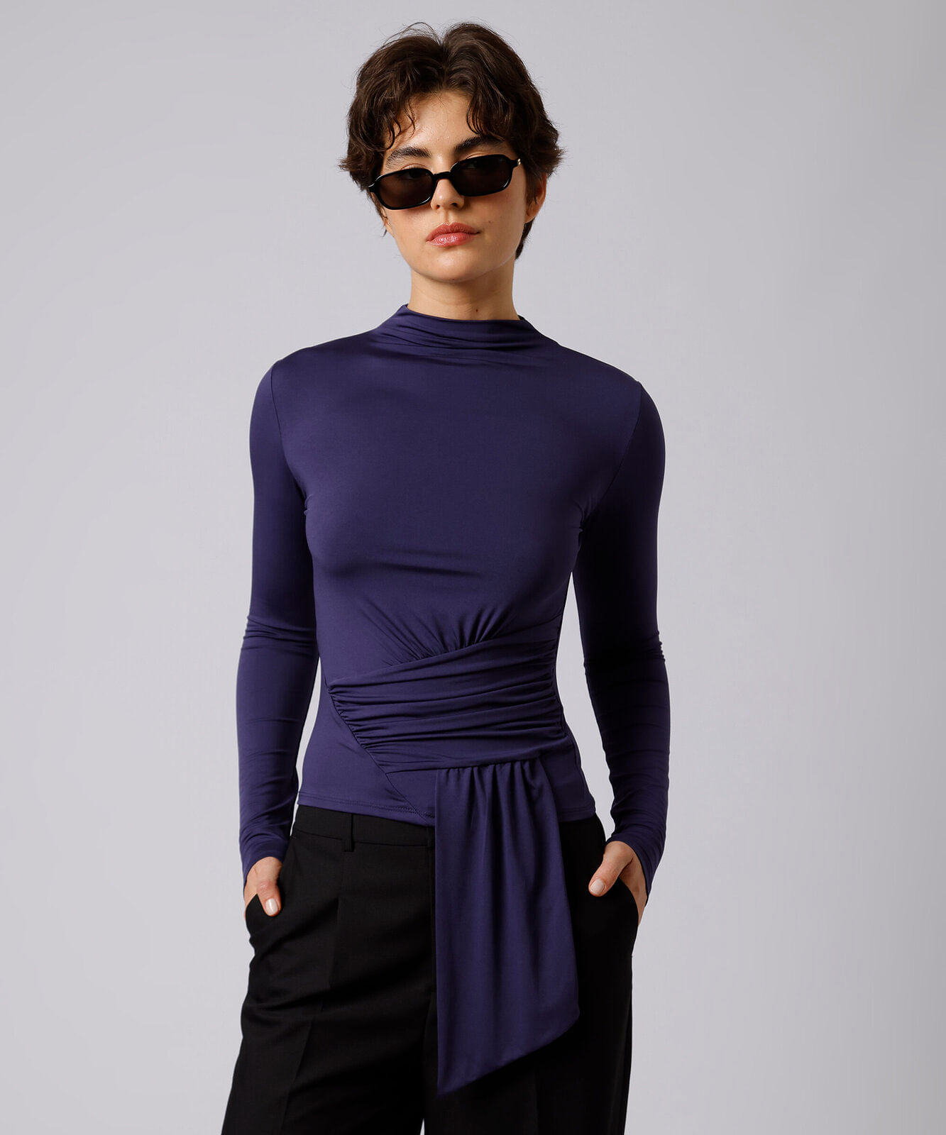 blusa feminina manga longa franzida mindset roxa