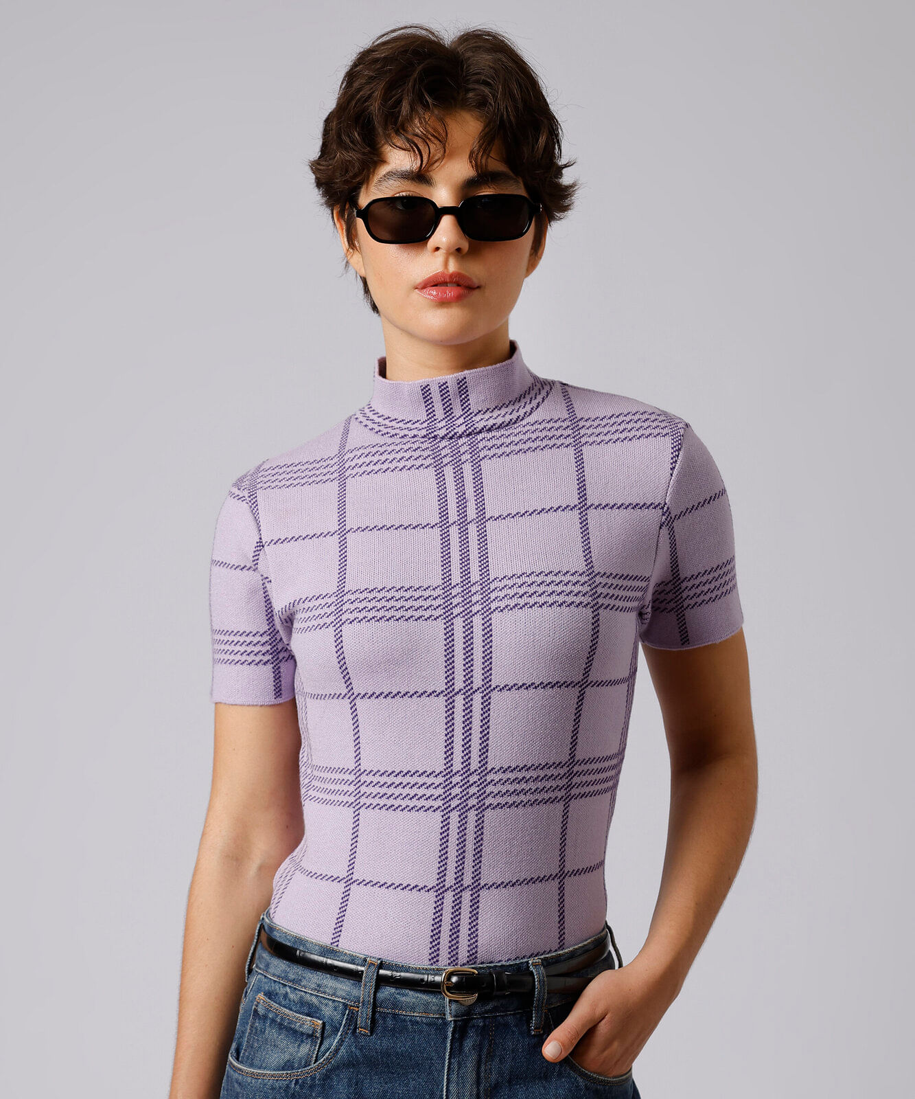 blusa feminina de tricot gola alta xadrez mindset roxa