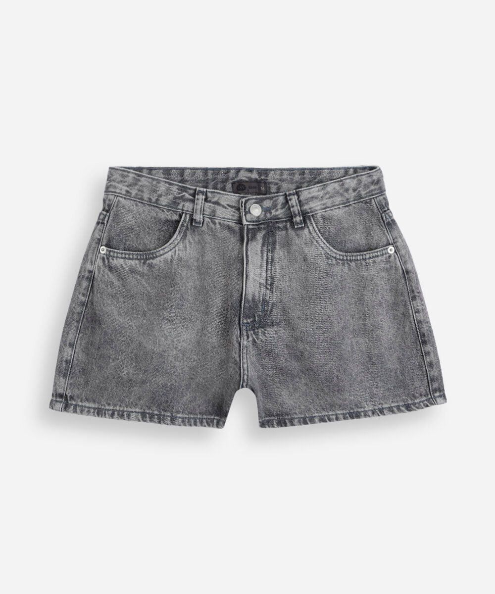 short juvenil jeans com cintura alta e estampa de estrelas cinza