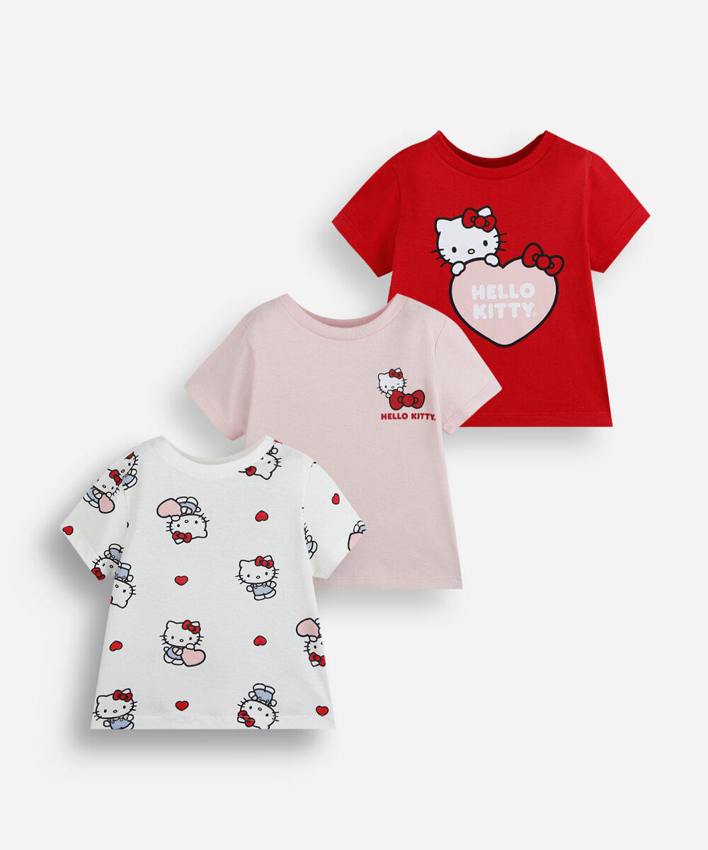 kit de 3 blusas infantil de algodão manga curta hello kitty colorido